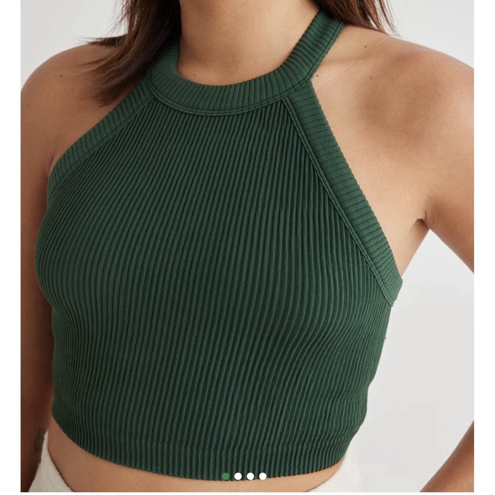 Aerie Ribbed Superchill Seamless High Neck Bra Crop Top Size XL Green Sporty